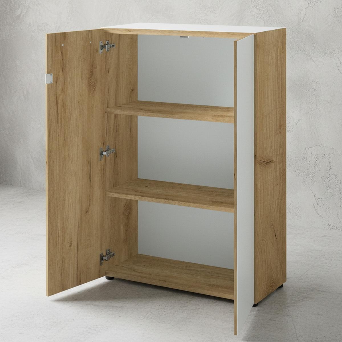 BÜRO-SET MUENCHEN 5-teilig | Glasfront Abschließbar | Schreibtisch, Container, 2 Schränke, Regal | Chalet-Eiche-Nb./Weiß - Weiß/Braun, Holzwerkstoff/Metall (415/120/80cm) - KADIMA DESIGN