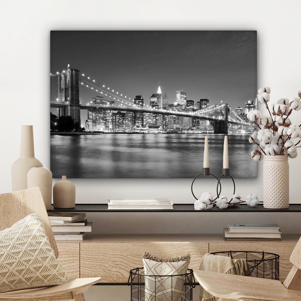 LEINWANDBILD New York - Brücke - Brooklyn - Schwarz und weiß - Architektur Wandbilder 80x60 cm - Schwarz, Textil (80/60cm) - MuchoWow