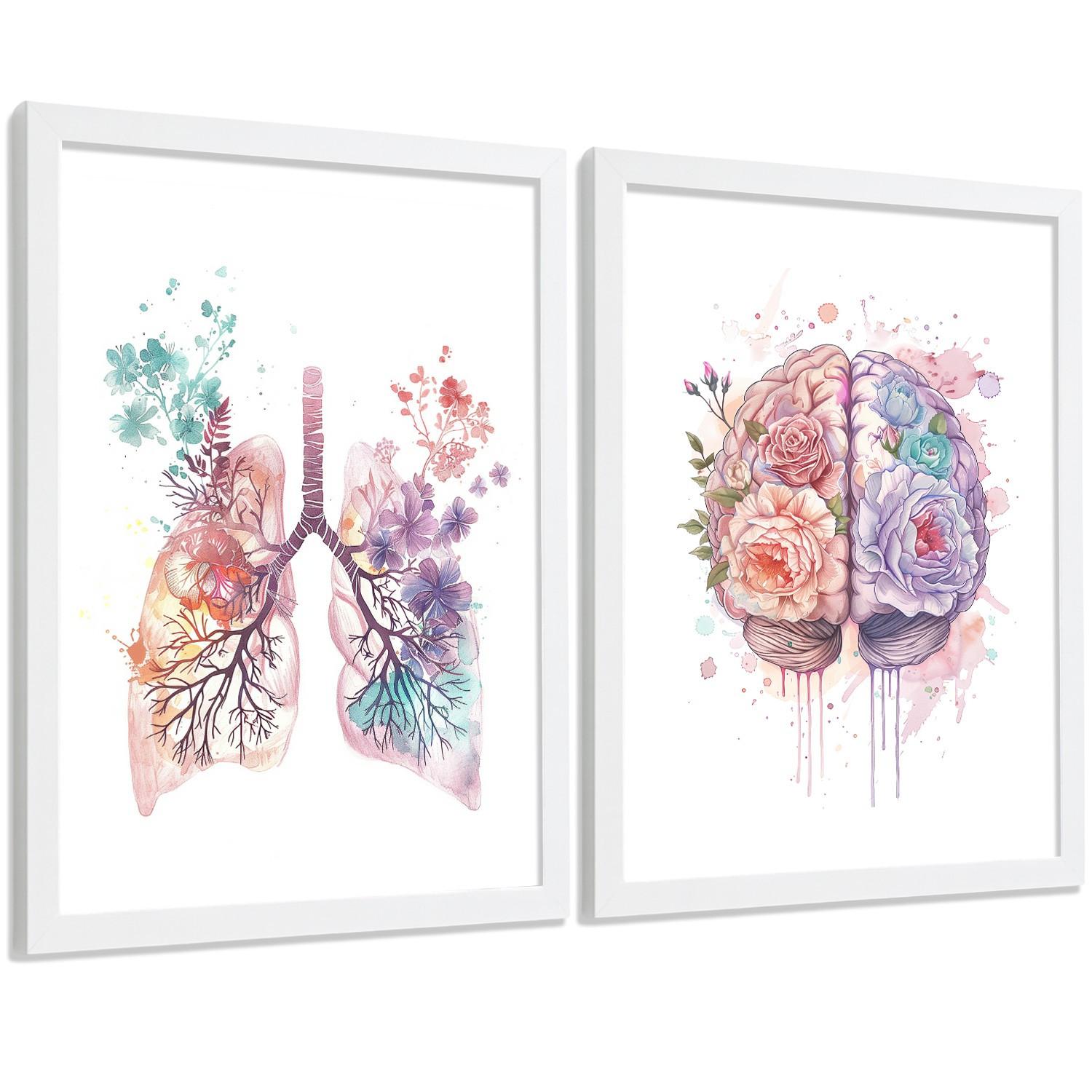 POSTER Set aus 2 Anatomie Mensch Drucke und mit Lungen Luftröhre Bronchien und Gehirn Pastellfarbenes Florales Aquarell Größe Weißer Rahmen A4 - Weiß, Papier (21/29.7/3cm) - Nacnic