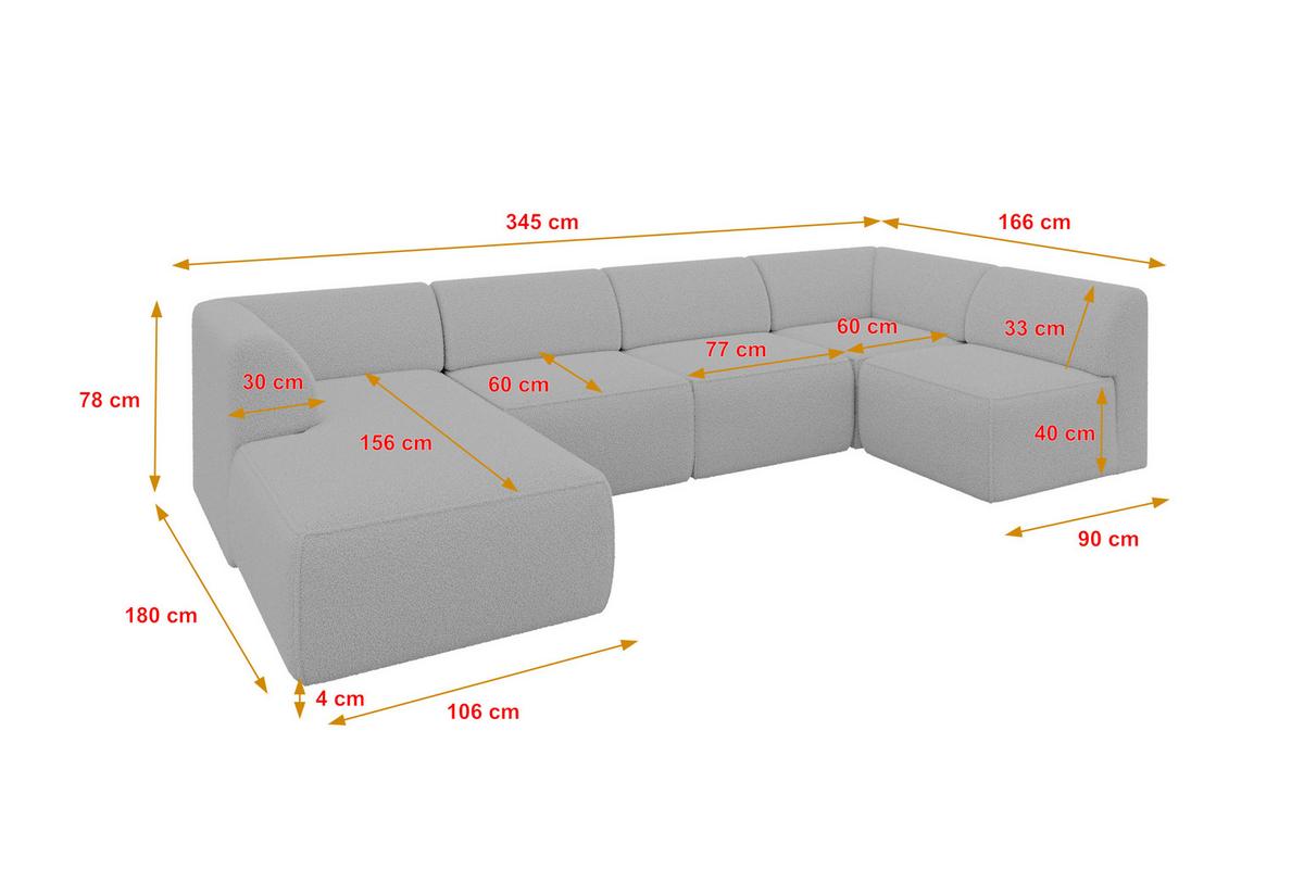 WOHNLANDSCHAFT Ottomane Links MOVO-L 345x180x78 cm Hellgrau Bouclé - Anthrazit, Holzwerkstoff/Kunststoff (345/78/180cm) - ALTDECOR