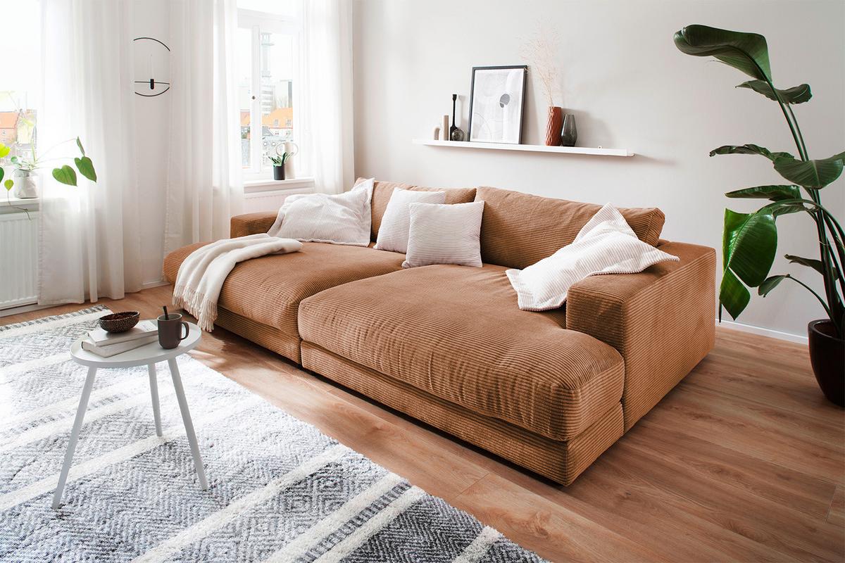 BIG SOFA MIT TABLETT MADELINE Braun Cord - Schwarz/Braun, Kunststoff/Textil (290/85/170cm) - KAWOLA