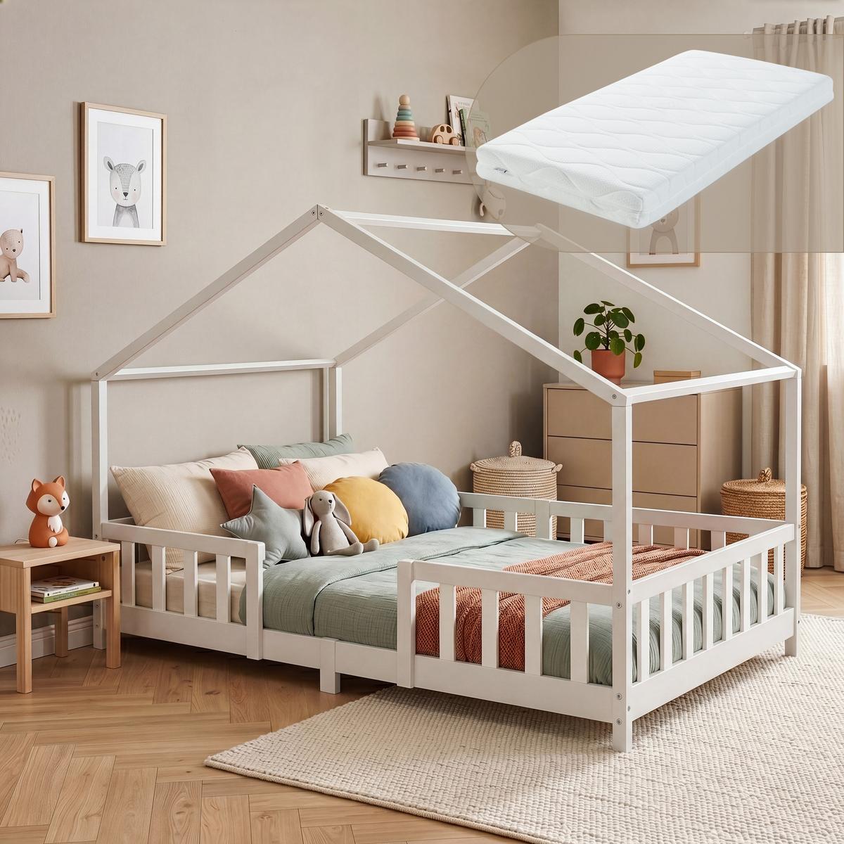 HAUSBETT Treviolo mit Matratze - Weiß, Holz/Textil (140/200cm) - [en.casa]