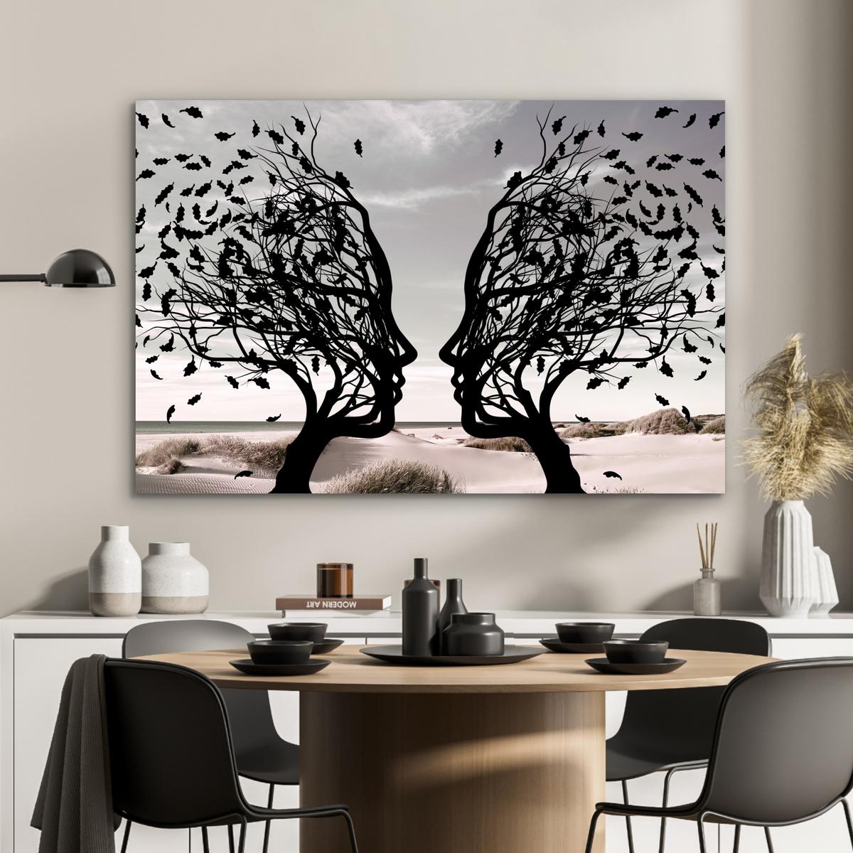 METALLBILD Strand - Meer - Menschen - Baum - Moderne Kunst Deko Groß 120x80 cm - Hellgrau, Metall (120/80cm) - MuchoWow