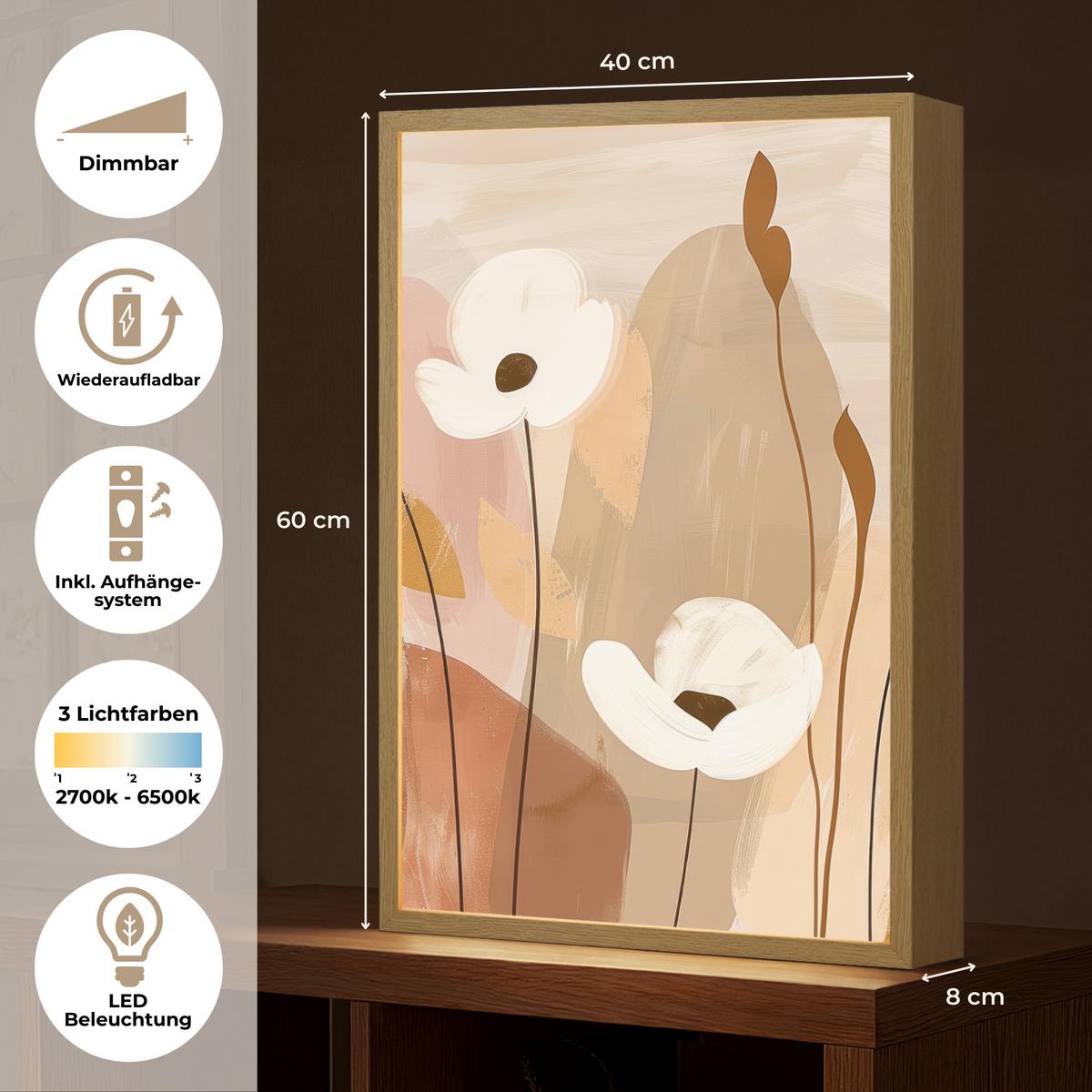 WANDLEUCHTE MIT AKKU Blumen - Abstrakt - Beige - Strichzeichnung 40x60 cm - Sandfarben, Holzwerkstoff (40/60/8cm) - OnlyWow