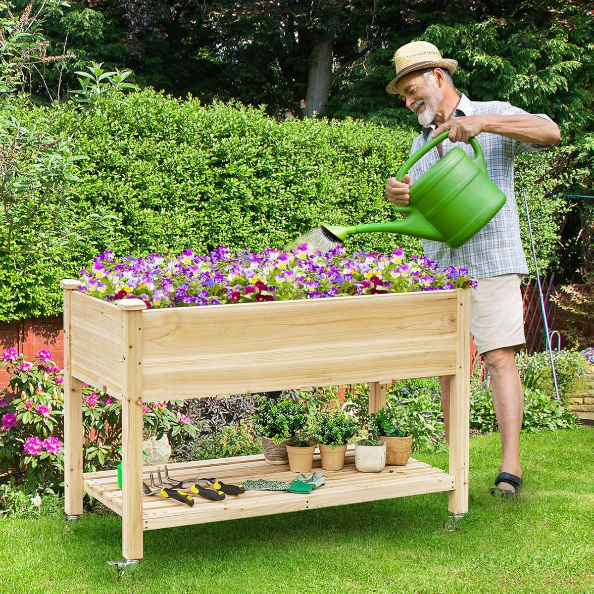 HOCHBEET groß mit Ablage Holz - Apfelbaumfarben, Holz (120/84/59cm) - COSTWAY