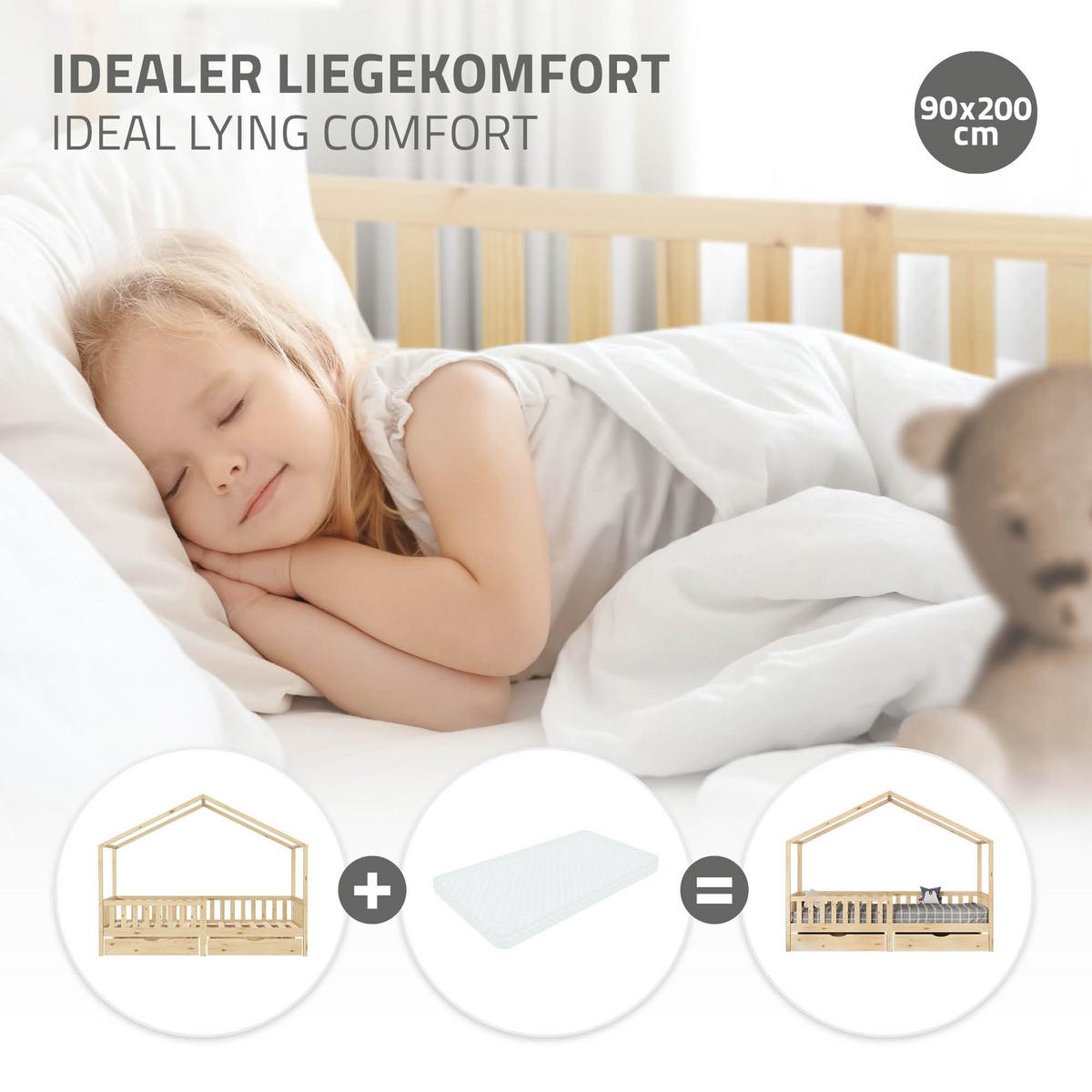 HAUSBETT 90x200 cm Natur aus Kiefernholz mit 2 Schubladen und Rausfallschutz - Beige, Holz (90/200cm) - ML-DESIGN