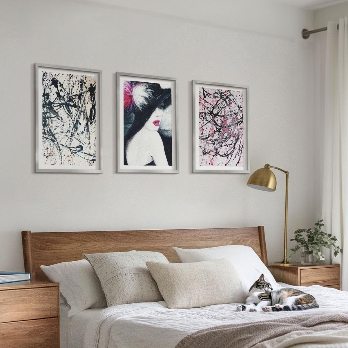 BILDER SET 3er Set - 40x60 cm Silberner Rahmen - Abstrakte Farbmuster Hut - Silberfarben, Kunststoff (40/60cm) - TULUP