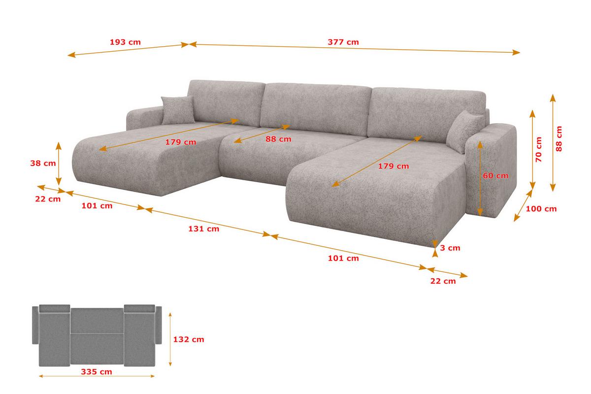 WOHNLANDSCHAFT mit Schlaffunktion und Bettkasten BERY-U 377x193x88 Hellgrau Velours - Hellgrau/Schwarz, Holzwerkstoff/Kunststoff (377/88/193cm) - ALTDECOR