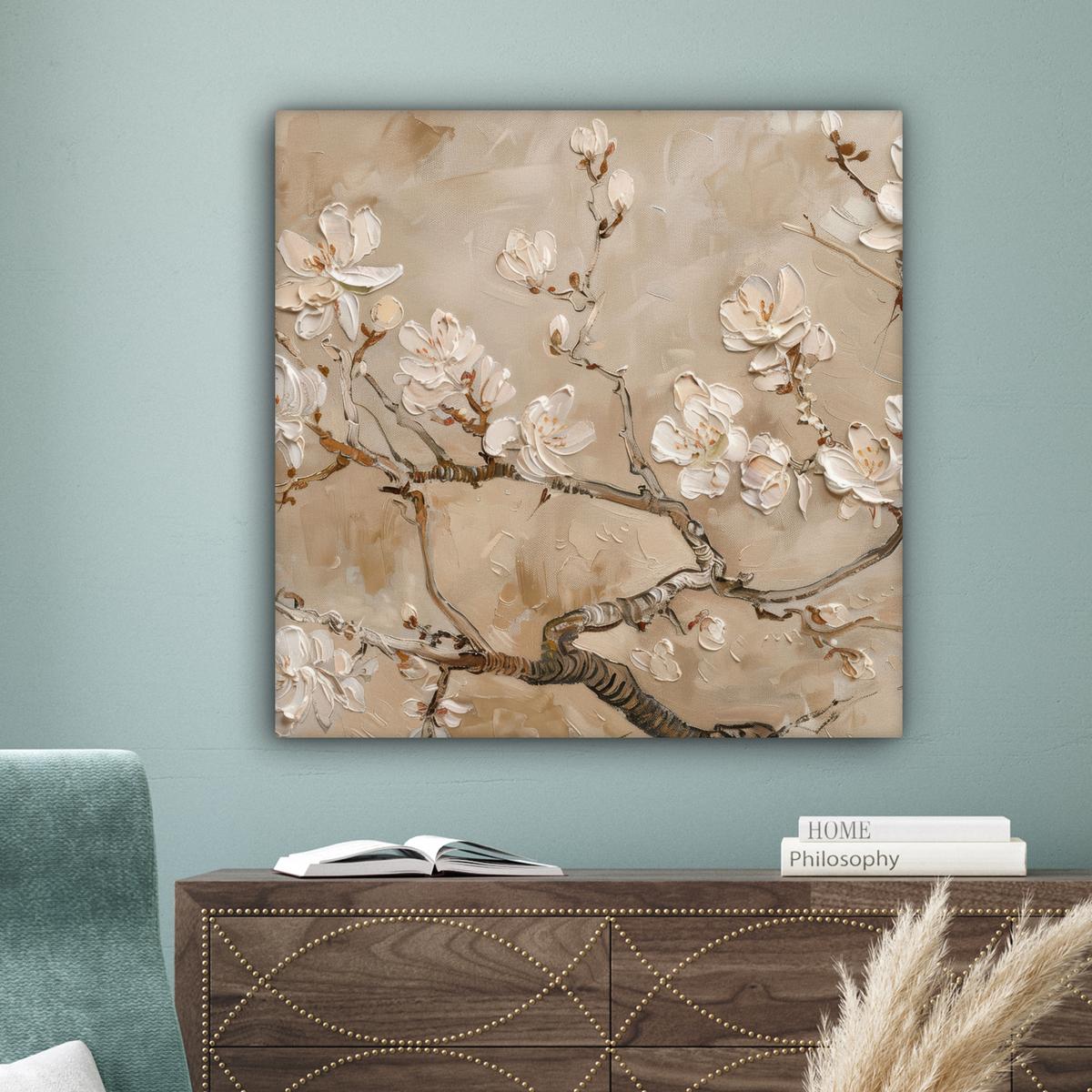 LEINWANDBILD Blumen - Modern - Beige - Weiß - Blüte Deko Groß 90x90 cm - Beige, Textil (90/90cm) - MuchoWow