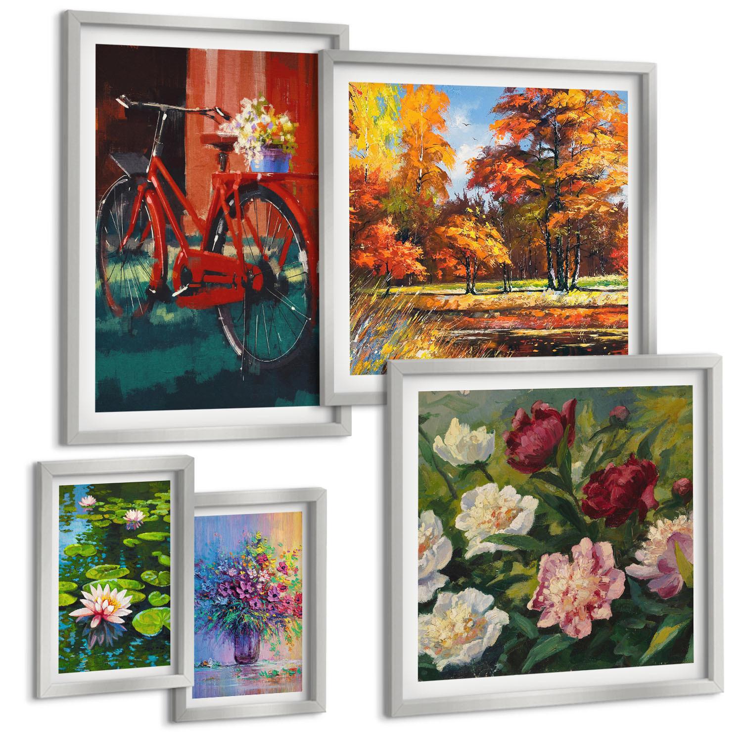 BILDER SET 5er Set - 50x50 cm & 20x30 cm & 40x60 cm Silberner Rahmen - Seerosen, Fahrradblumen - Silberfarben, Kunststoff (40/60cm) - TULUP