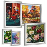 BILDER SET 5er Set - 50x50 cm & 20x30 cm & 40x60 cm Silberner Rahmen - Seerosen, Fahrradblumen - Silberfarben, Kunststoff (40/60cm) - TULUP