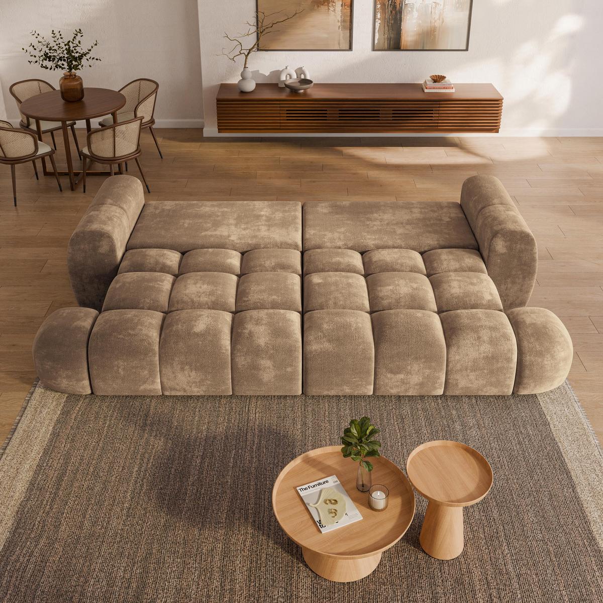 BETTSOFA DAFNE Beige Chenille-Stoff mit Schlaffunktion - Beige, Textil (300/88/113cm) - MASSENO