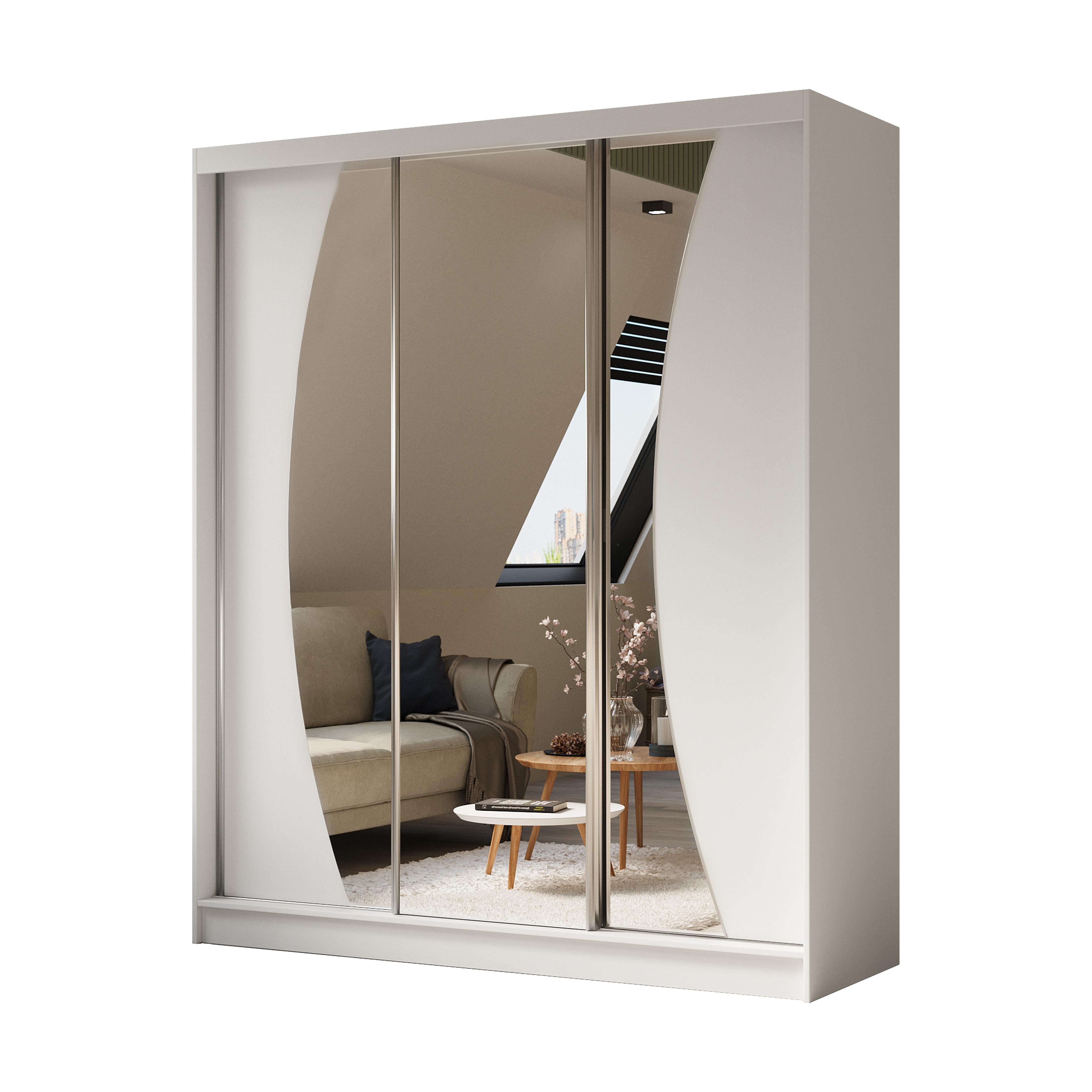 KLEIDERSCHRANK mit Spiegel-Schiebetüren und Aluminium-Leisten, LED-Beleuchtung - VOXI - 180 cm Weiß - Weiß, Holzwerkstoff (180/216/61cm) - ALTDECOR