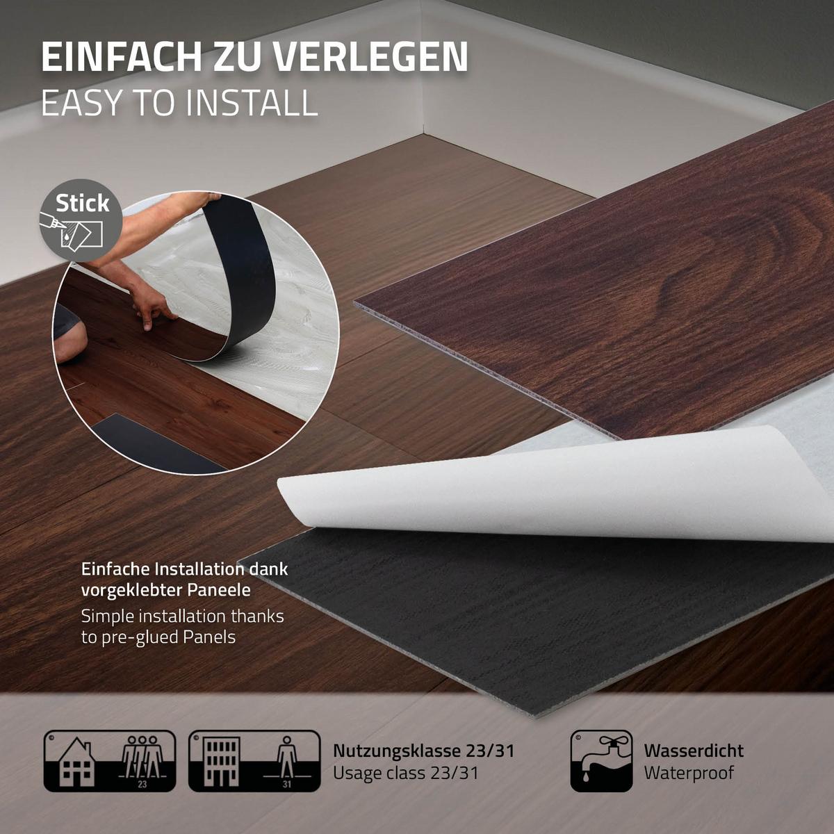VINYLBODEN selbstklebend 11,15m²/80 Dielen Rot-Braun Nuss - Dunkelbraun, Kunststoff (91.5/15.3/0.2cm) - ML-DESIGN