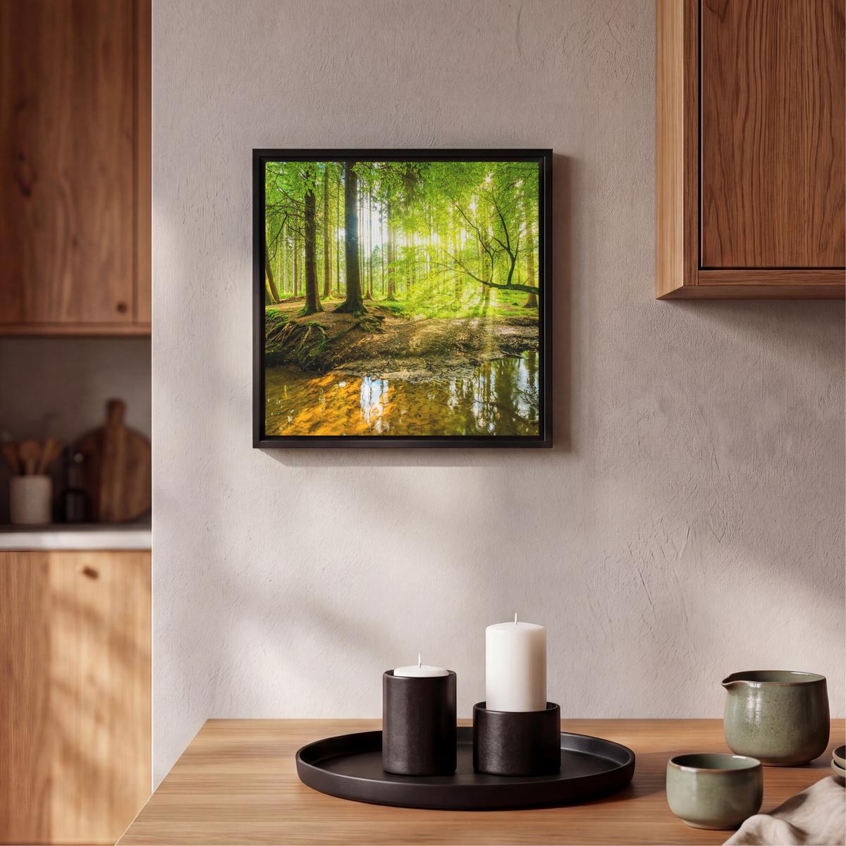 LEINWAND Bilder mit Rahmen - Wald - Landschaft - Wasser - Bäume - Sonne - Grün - Natur - 20x20 - Grün, Textil (20/20cm) - MuchoWow