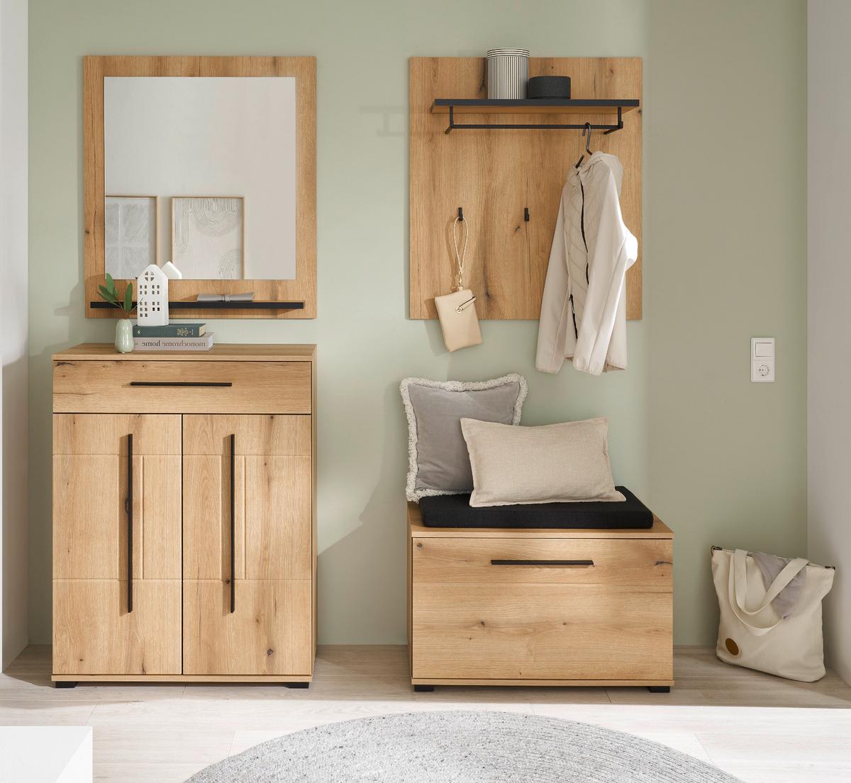 GARDEROBEN-SET Evoke Eiche 5-teilig 170 cm, Flurgarderobe mit Soft-Close - Dunkelgrau/Eichefarben, Glas/Holzwerkstoff (170/200/40cm) - Furn.Design