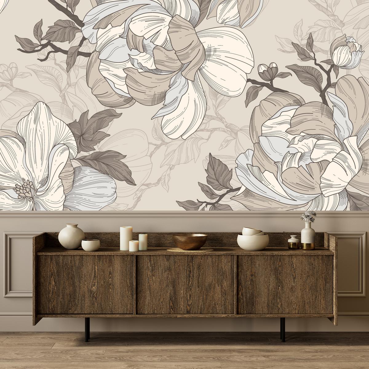FOTOTAPETE für Wohnzimmer Natur Große Blüten Blätter Pflanzen 100x70 - Beige/Creme, Papier (100/70cm) - Muralo