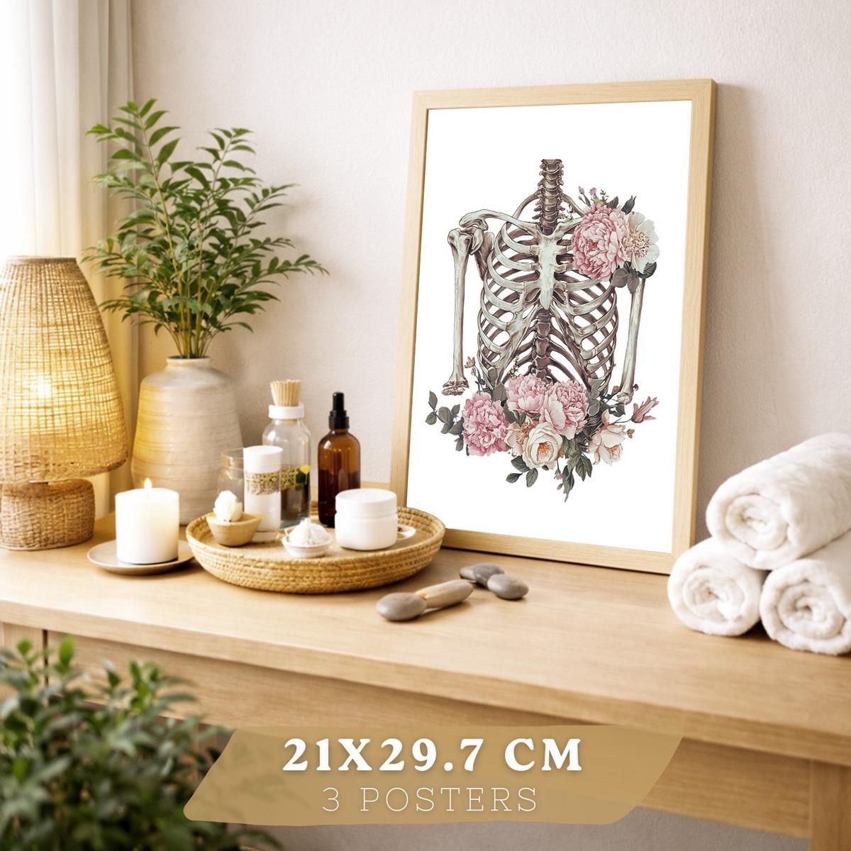 POSTER Set aus 3 Anatomie Florale Drucke und Wandbilder mit Herz Brustkorb und Lungen Detaillierter Illustrationsstil Größe Leichter Holzrahmen A4 - Beige, Papier (21/29.7/3cm) - Nacnic