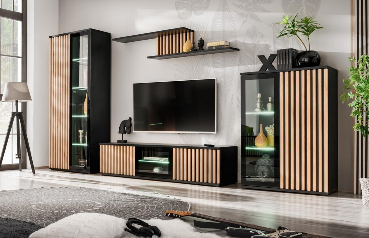 WOHNWAND schwarz, Eiche Jackson 353 cm, Schrankwand mit Push-top-Open und Beleuchtung - Eichefarben/Schwarz, Glas/Holzwerkstoff (340/192/45cm) - Furn.Design