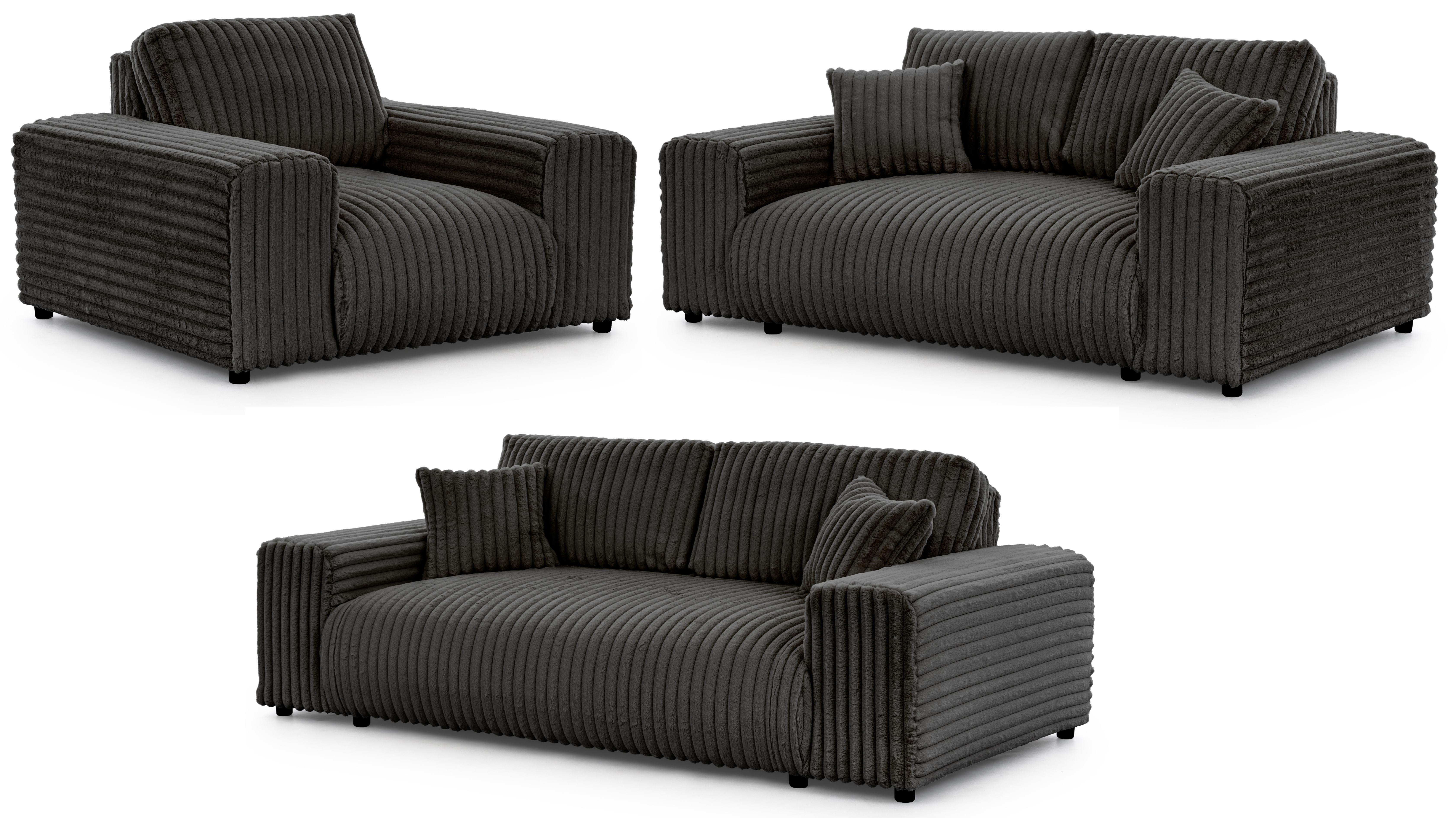 SITZGARNITUR 3+2+1 Mollis Dunkelgrau Plüschcord - Dunkelgrau/Schwarz, Holz/Kunststoff (213/79/108cm) - S-Style