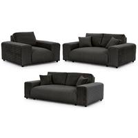 SITZGARNITUR 3+2+1 Mollis Dunkelgrau Plüschcord - Dunkelgrau/Schwarz, Holz/Kunststoff (213/79/108cm) - S-Style