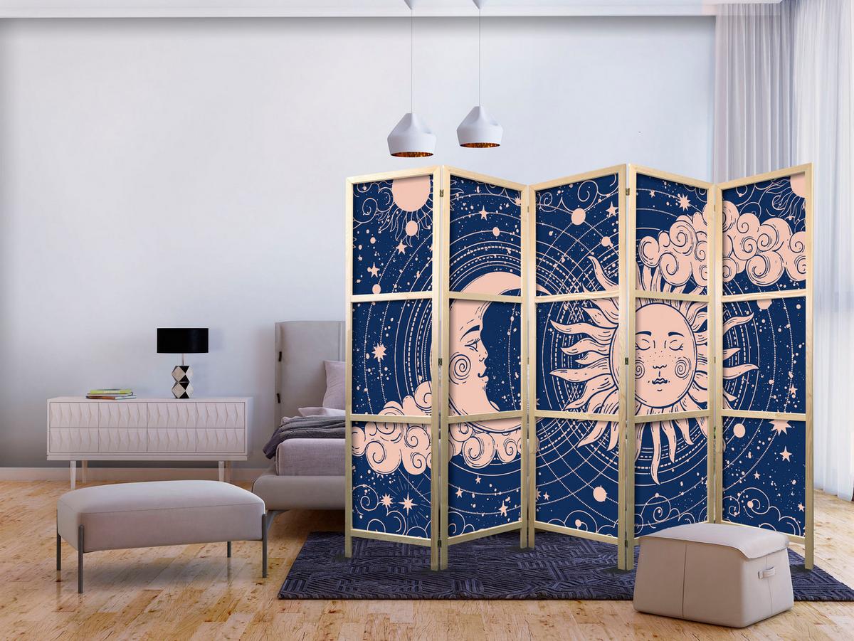 PARAVENT Japanischer 5-tlg 225x172 cm Sonne Mond Wolken - Multicolor, Holz/Textil (225/172/3cm) - Muralo