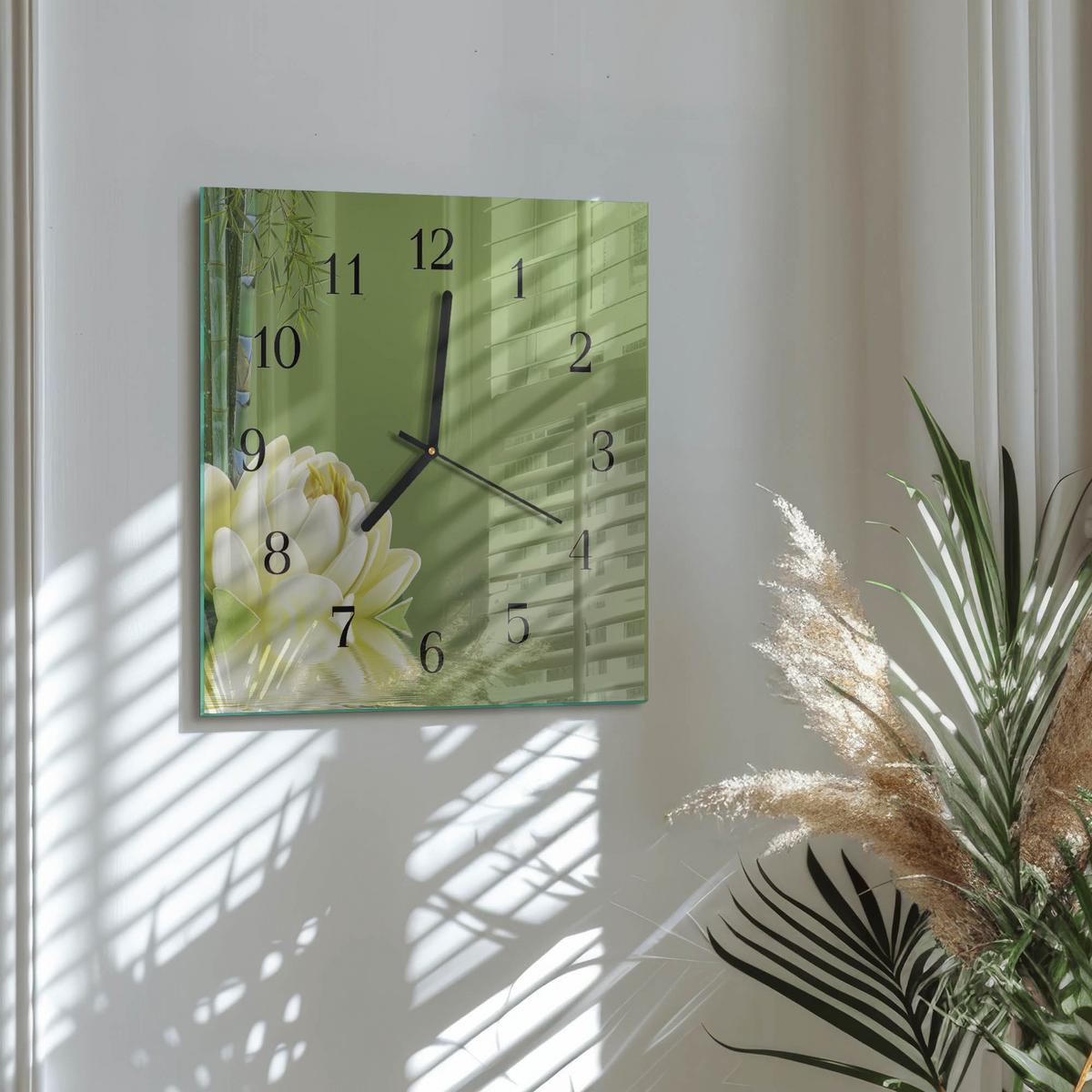WANDUHR aus Glas 30x30 cm - Lilie - Grün, Glas (30/30/0.4cm) - TULUP