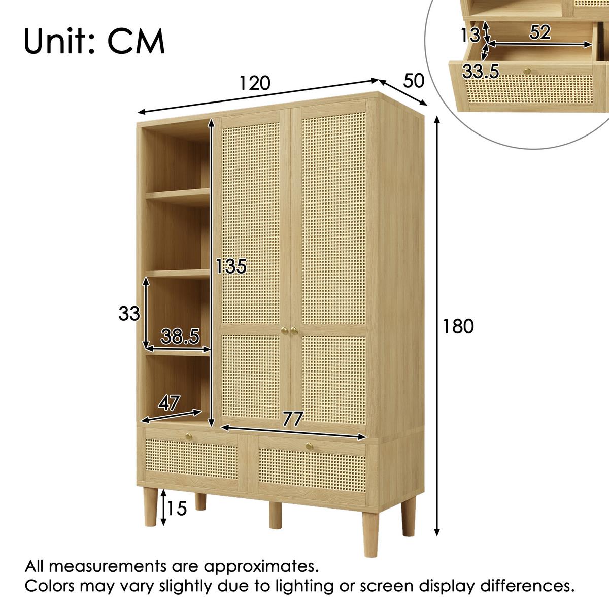 KLEIDERSCHRANK in eichenoptik mit rattan, offene regale, 2 schubladen und kleiderstange - Eichefarben, Holz (120/180/50cm) - Urban Meuble