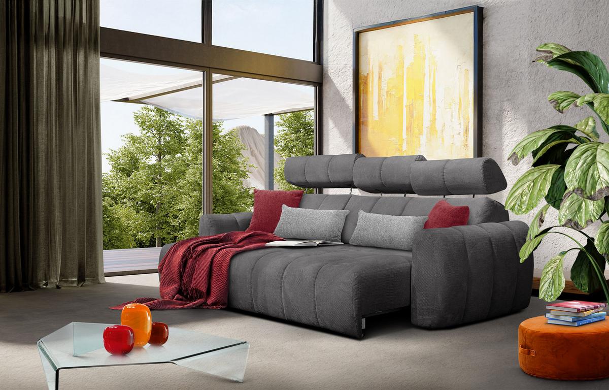 ECKSOFA KIMI 3-Sitzer, ausziehbarer Sitz, verstellbare Kopfstützen, dunkelgrau - Anthrazit/Schwarz, Holzwerkstoff/Textil (270/160cm) - Wozimo