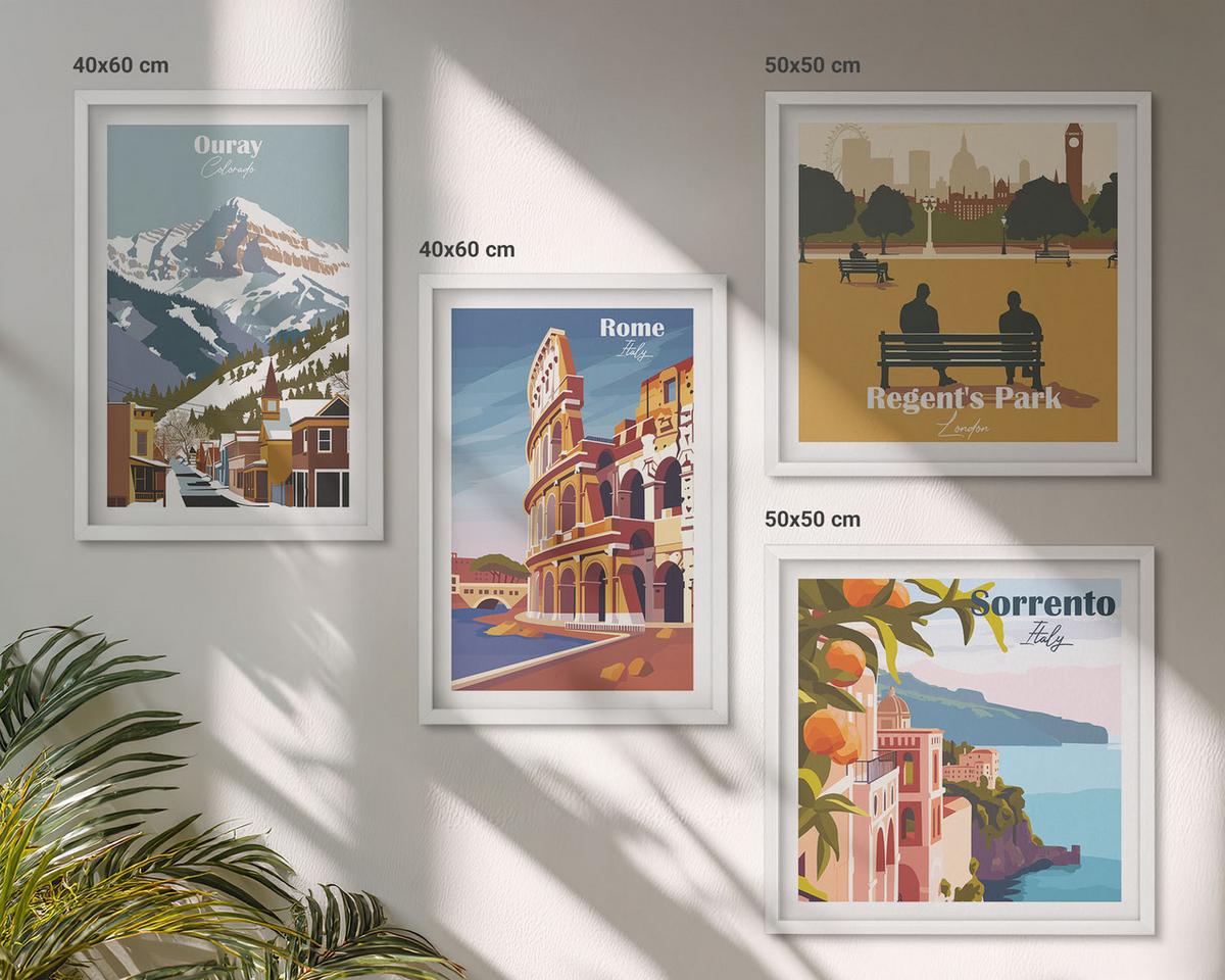 BILDER SET 4er Set - 50x50 cm & 40x60 cm Weißer Rahmen - Retro-Illustrationen berühmter Orte - Weiß, Kunststoff (50/50cm) - TULUP