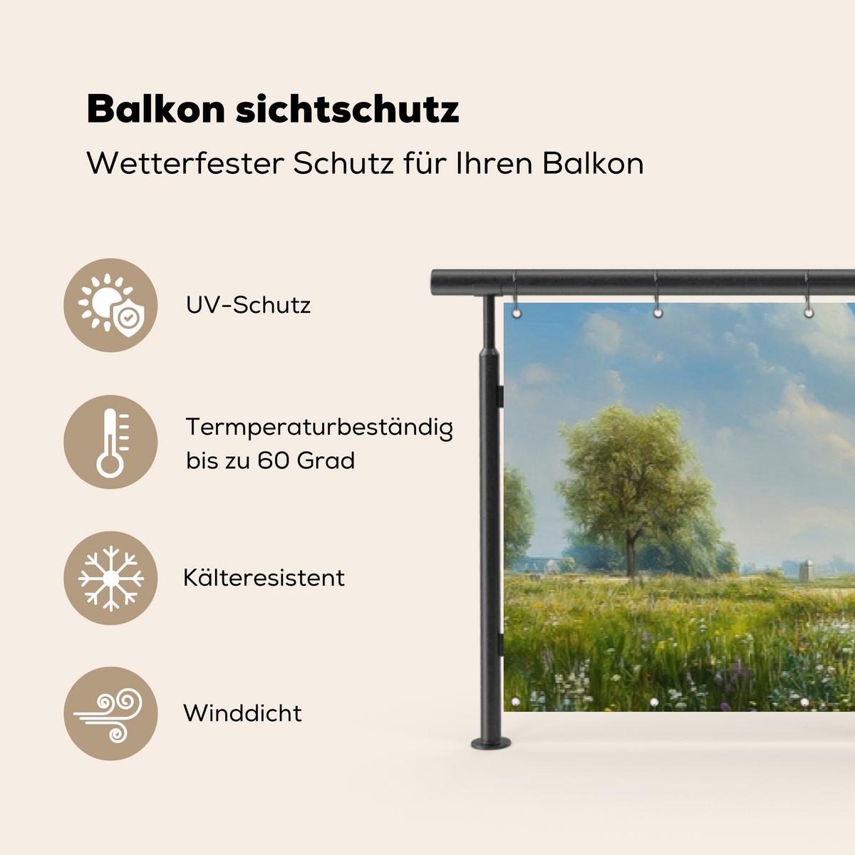 BALKON-SICHTSCHUTZ Kühe - Windmühle - Wiese - Blau Groß 500x90 cm - Grün, Kunststoff (500/90cm) - MuchoWow