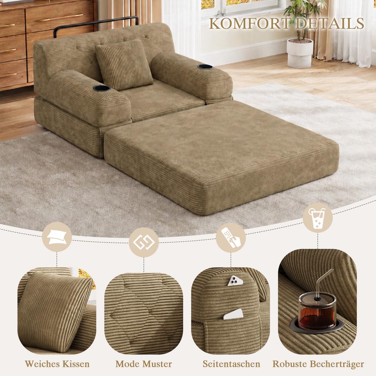 SCHLAFSOFA Cord mit Schlaffunktion, Getränkehalter & Taschen - Sandfarben, Textil (107/81/80cm) - Urban Meuble