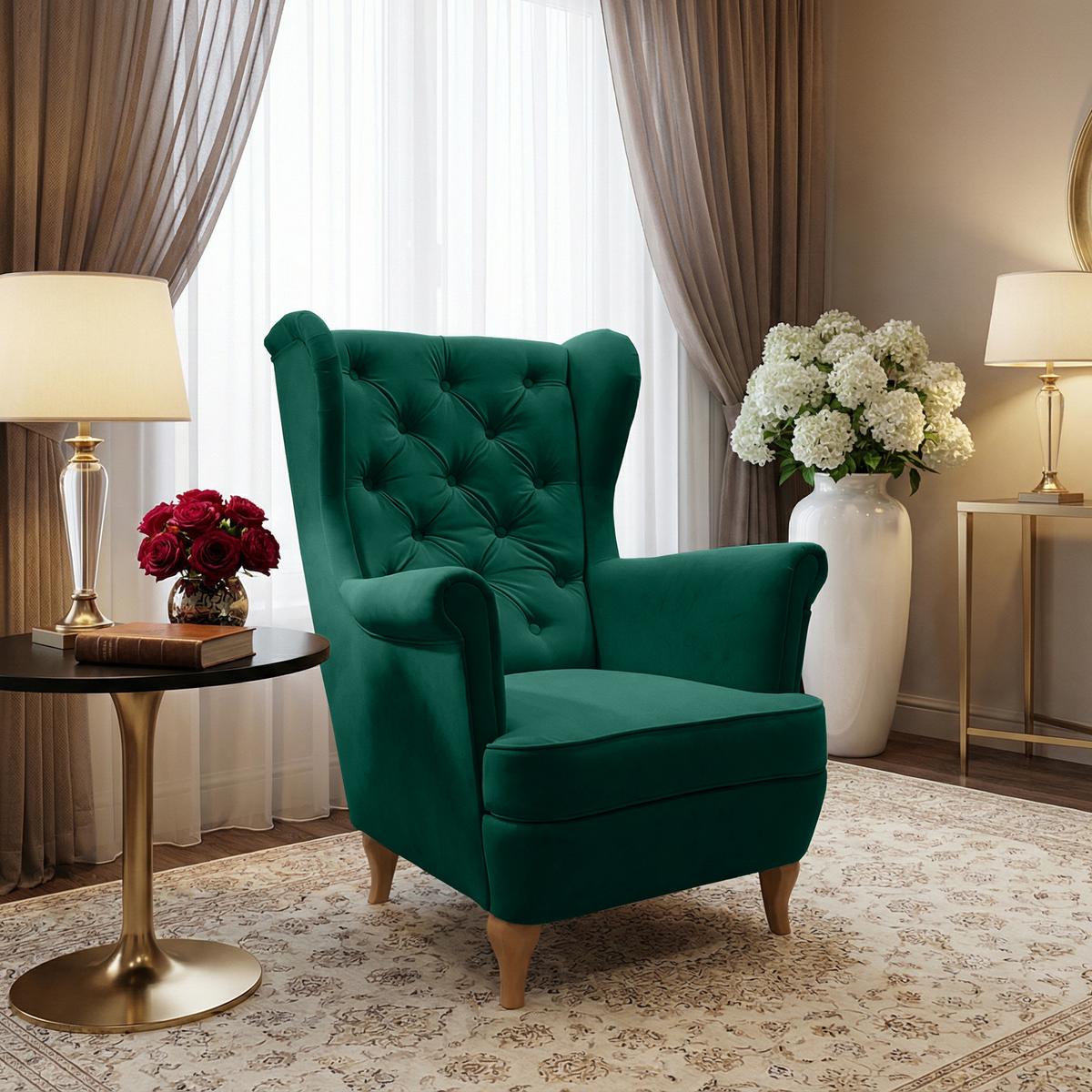 CHESTERFIELD-SESSEL Falco grün mit Holzbeinen - Buchefarben/Grün, Holz/Textil (82/102/92cm) - Beautysofa