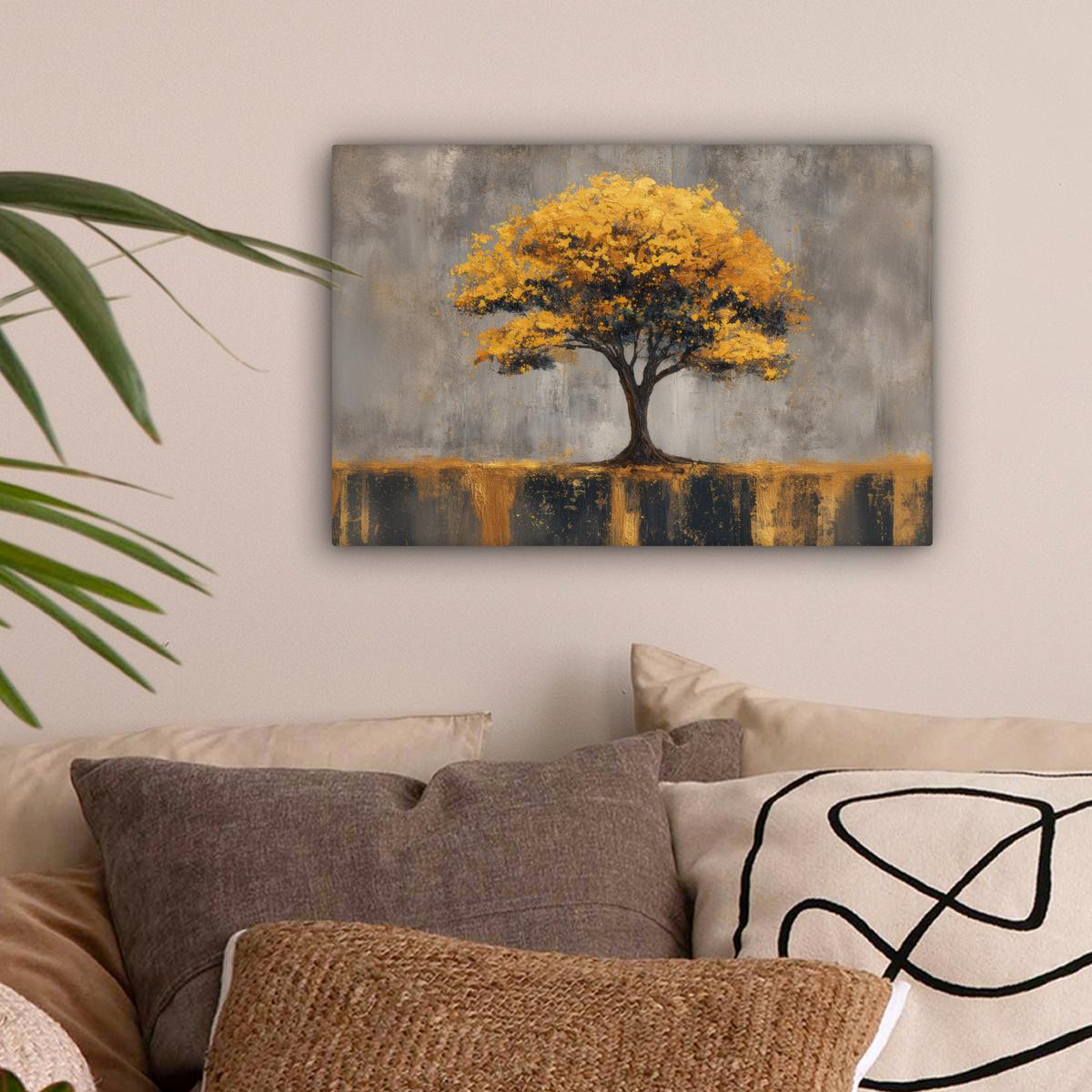 LEINWANDBILD Baum - Blätter - Gold - Abstrakt Deko Schlafzimmer 30x20 cm - Grau, Textil (30/20cm) - MuchoWow
