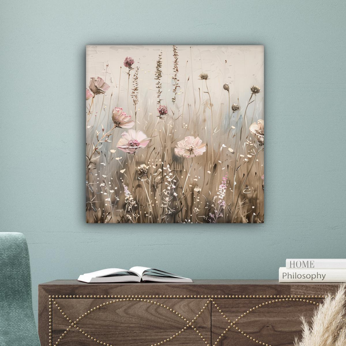 LEINWANDBILD Blumen - Rosa - Modern - Beige Wandbild Wohnzimmer 50x50 cm - Beige, Textil (50/50cm) - MuchoWow