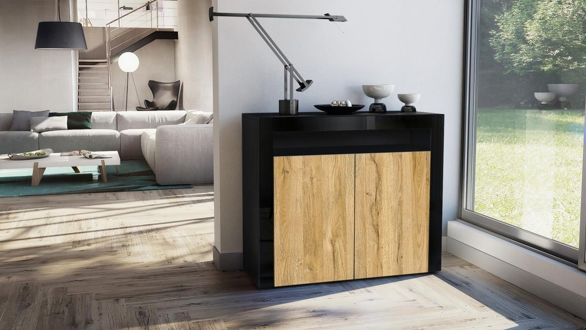 KOMMODE Valencia Eiche Natur/ Schwarz Hochglanz - Eichefarben/Schwarz, Holzwerkstoff (108/92/40cm) - Vladon