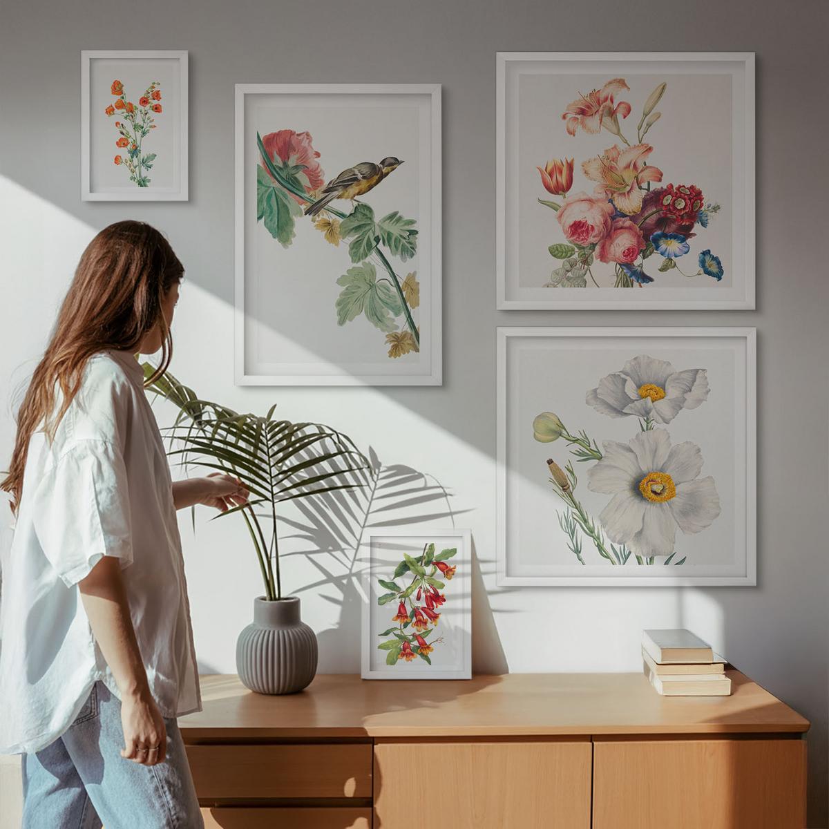 BILDER SET 5er Set - 50x50 cm & 20x30 cm & 40x60 cm Weißer Rahmen - Gemalte Blumen, Retro-Vogel - Weiß, Kunststoff (40/60cm) - TULUP