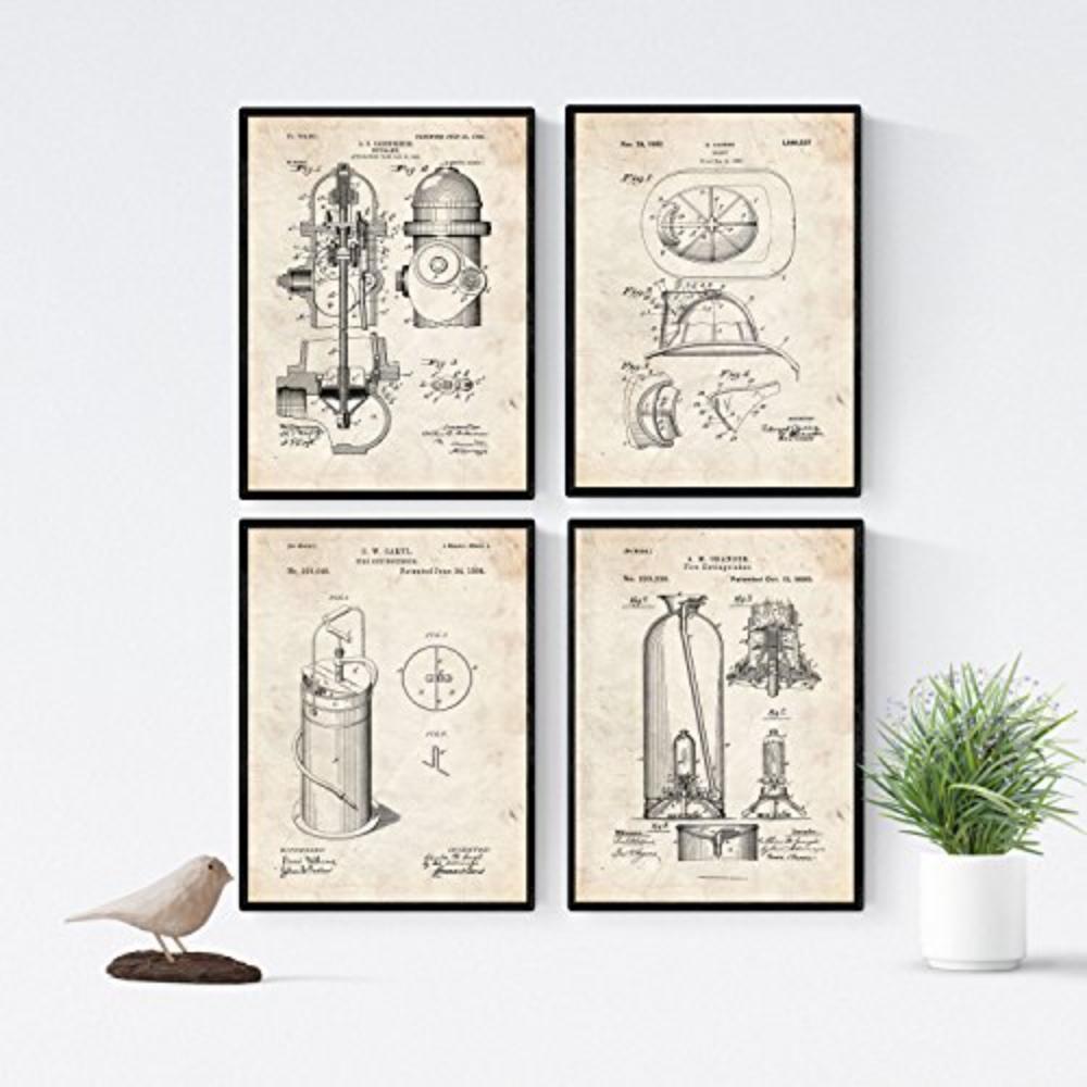 POSTER Set mit 4 Jahrgang Feuerwehr Patent A4 Schwarzer Rahmen - Schwarz, Papier (29.7/3cm) - Nacnic
