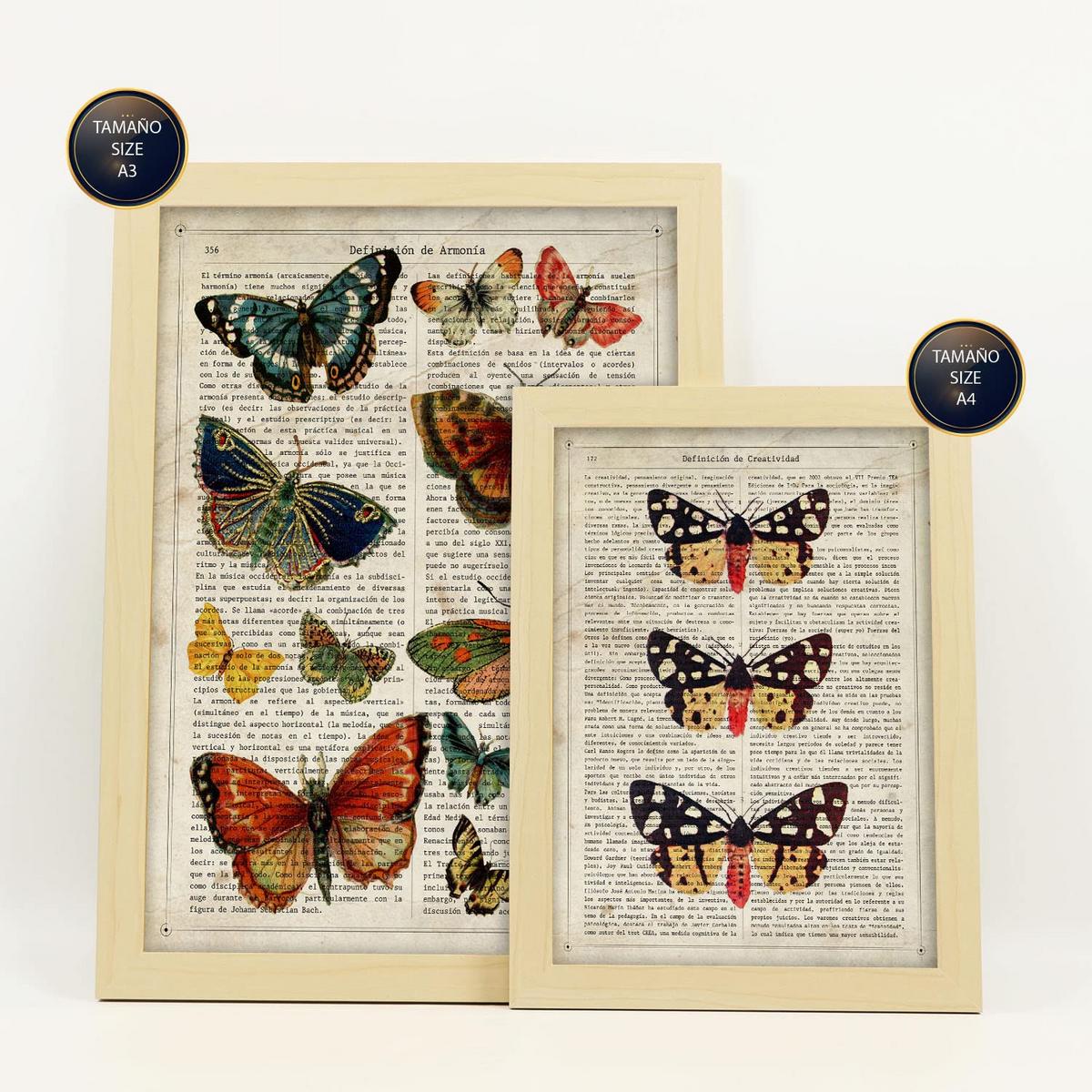 POSTER Set Mit 6 Schmetterlinge Vintage Papier Stil Plakate Mit Enzyklopädie Hintergründen Bunte Schmetterlinge A3 & A4 Rahmen Aus Hellem Holz - Beige, Papier (29/3cm) - Nacnic