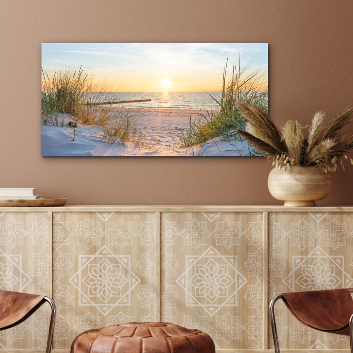 METALLBILD Strand - Sonne - Düne - Gras - Sand - Horizont 80x40 cm - Hellblau, Metall (80/40cm) - MuchoWow