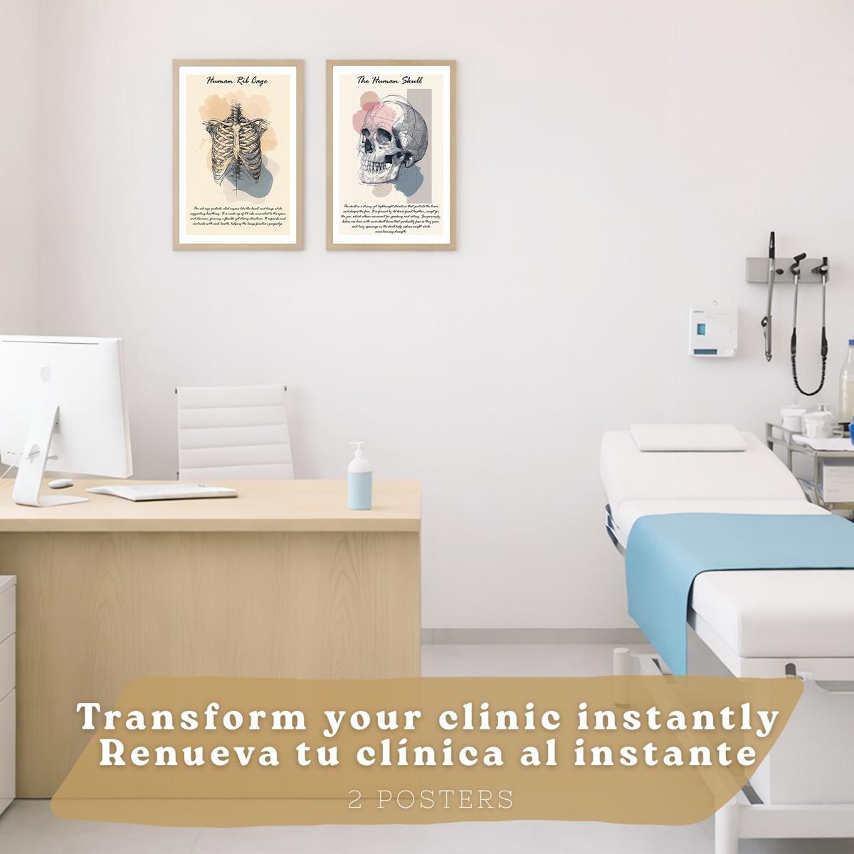 POSTER Set aus 2 Anatomie Mensch Lernposter Drucke und Wandbilder mit Skelett Rippen und Schädel Klinik Büro Dekoration Größe Leichter Holzrahmen A3 - Beige, Papier (29.7/42/3cm) - Nacnic