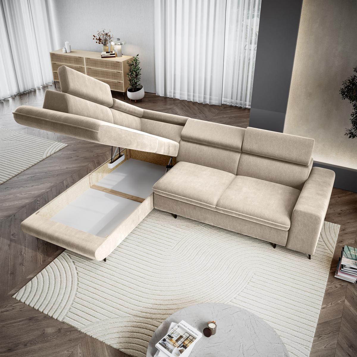 ECKSOFA VELISS Creme Veloursstoff mit Schlaffunktion - Creme, Holz (255/193cm) - MASSENO