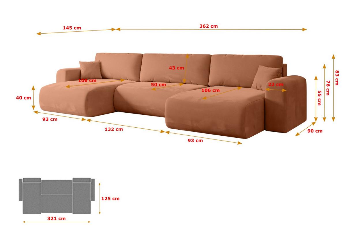 WOHNLANDSCHAFT mit Schlaffunktion und Bettkasten ORRO-U - 362x145x83 cm Koralle Velours - Koralle/Schwarz, Holzwerkstoff/Kunststoff (362/83/145cm) - ALTDECOR