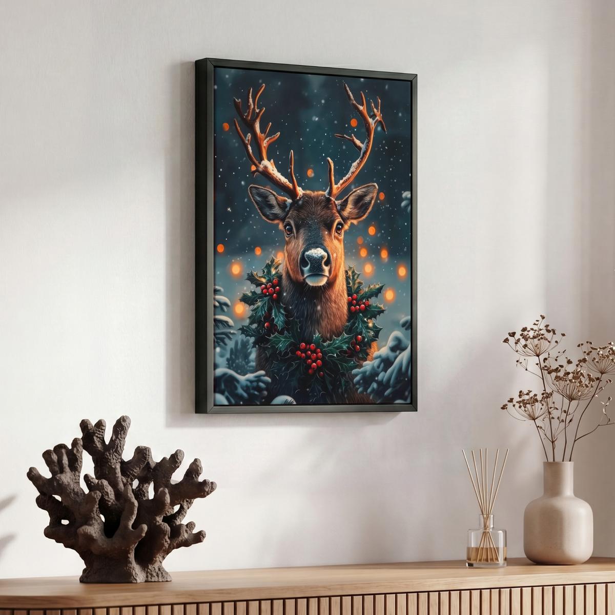 LEINWAND Bilder mit Rahmen - Hirsch - Weihnachten - Winter - Schnee - Weihnachtskranz - 30x40 - Dunkelbraun, Textil (30/40cm) - MuchoWow