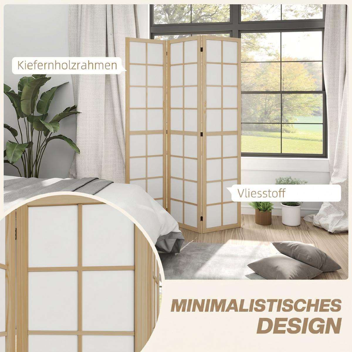 PARAVENT Kiefernholz Vliesstoff Naturholz - Naturfarben, Holz/Textil (1.7/170/120cm) - HOMCOM