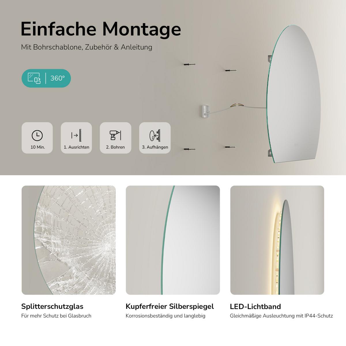 BADSPIEGEL LED 100 x 83 cm mit 3 Lichtfarben, Antibeschlagfunktion und Touch-Schalter - Transparent, Glas (100/83/2.5cm) - EMKE