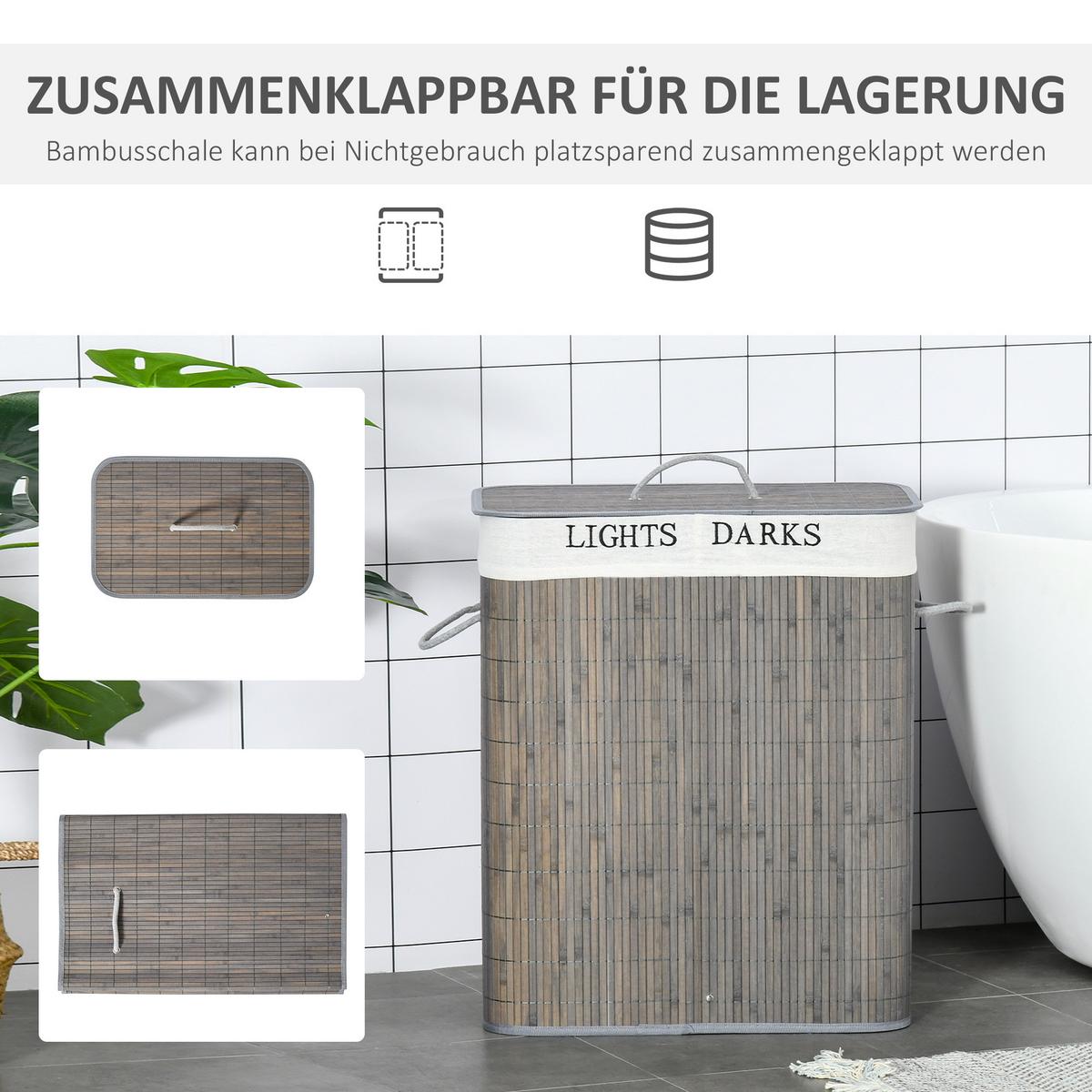 WÄSCHEKORB schmal mit Deckel 100L, Badezimmer, Bambus, Grau - Grau, Naturmaterialien (32/63/52cm) - HOMCOM