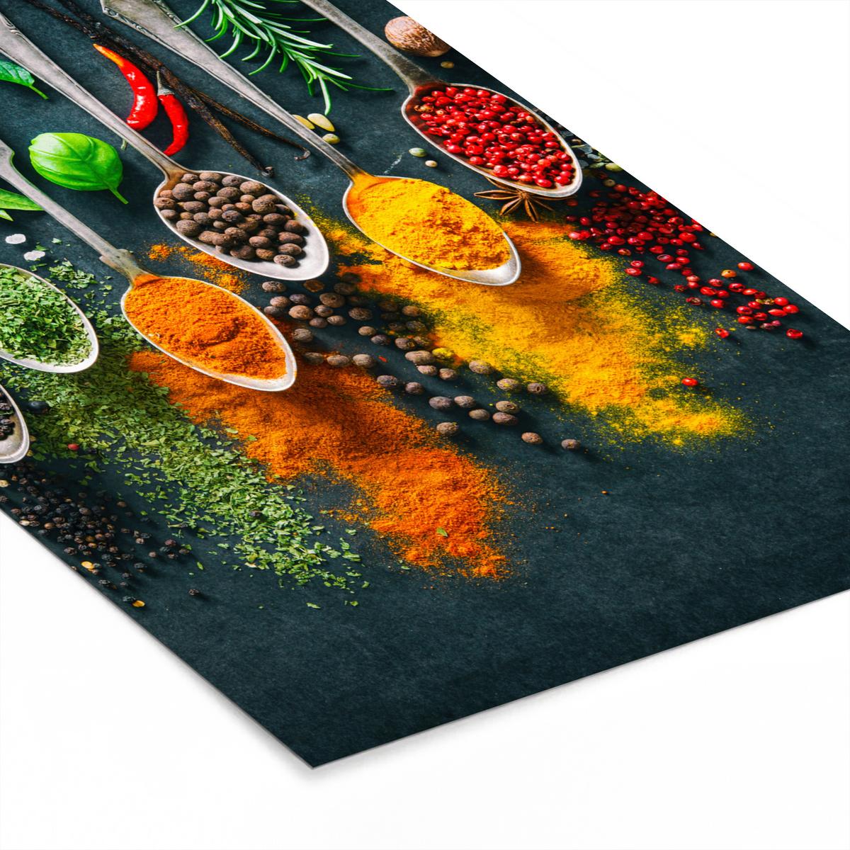 POSTER MIT RAHMENGERAHMTES BILD Kräuter - Gewürze - Löffel 60x90 cm - Currygelb, Papier (60/90cm) - MuchoWow
