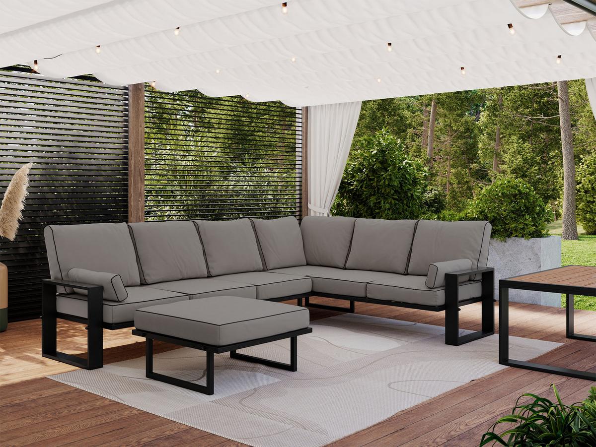 GARTENMÖBEL-SET ELBA: 1x Tisch, 1x Ecksofa, 1x Hocker - Grau - Grau, Textil - MKS