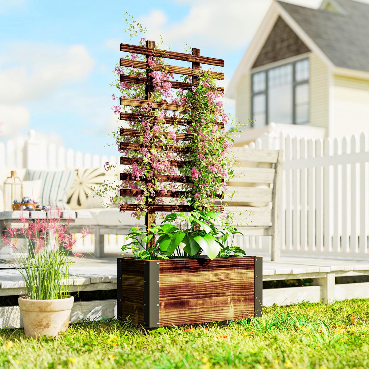 HOCHBEET mit Rankgitter, Blumenkasten mit Rollen, für Kletterpflanzen, Holz, Verkohlt - Dunkelbraun, Holz (31/147/65cm) - Outsunny